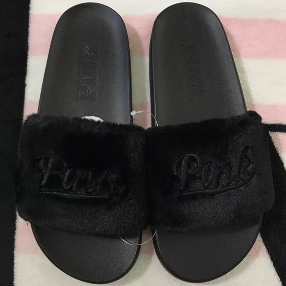 victoria secret pink faux fur slides